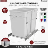 Rev-A-Shelf 35-Quart Plastic Pull-Out Trash Can, Double Bin, Bottom-Mount