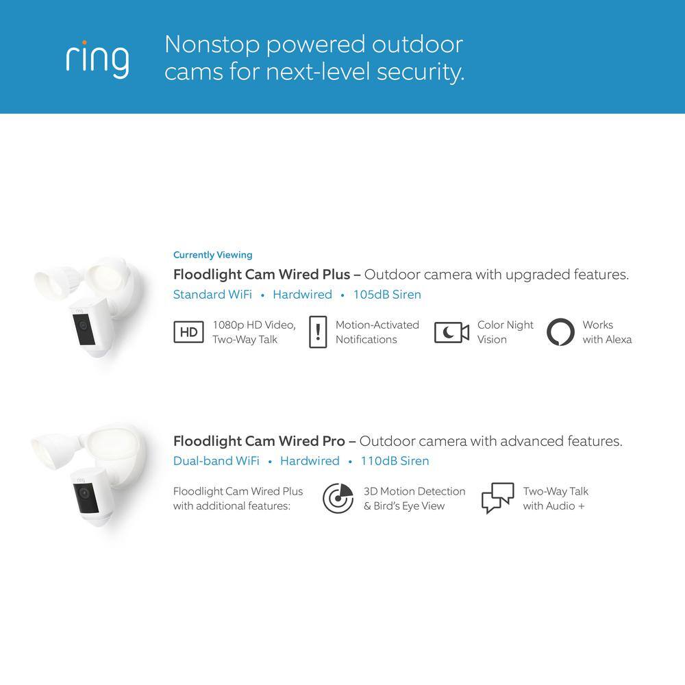 Ring Floodlight Cam Wired Plus Outdoor Black Security Standard Surveillance Camera 2-Pack with Chime Pro