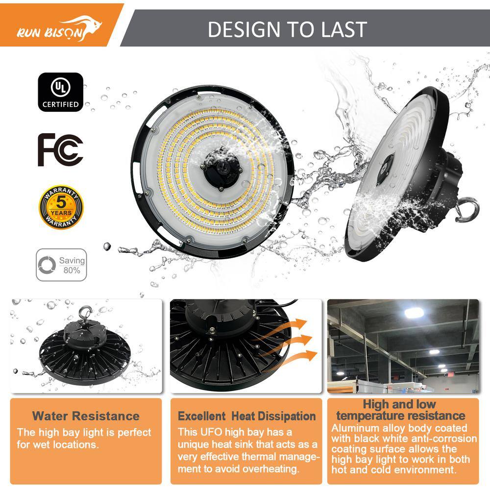 RUN BISON 12.6 in. 150/200/240-Watt Selectable Dimmable Integrated LED UFO High Bay Light with Preinstalled Hook, 3000/4000/5000K
