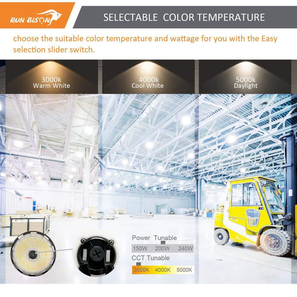 RUN BISON 12.6 in. 150/200/240-Watt Selectable Dimmable Integrated LED UFO High Bay Light with Preinstalled Hook, 3000/4000/5000K