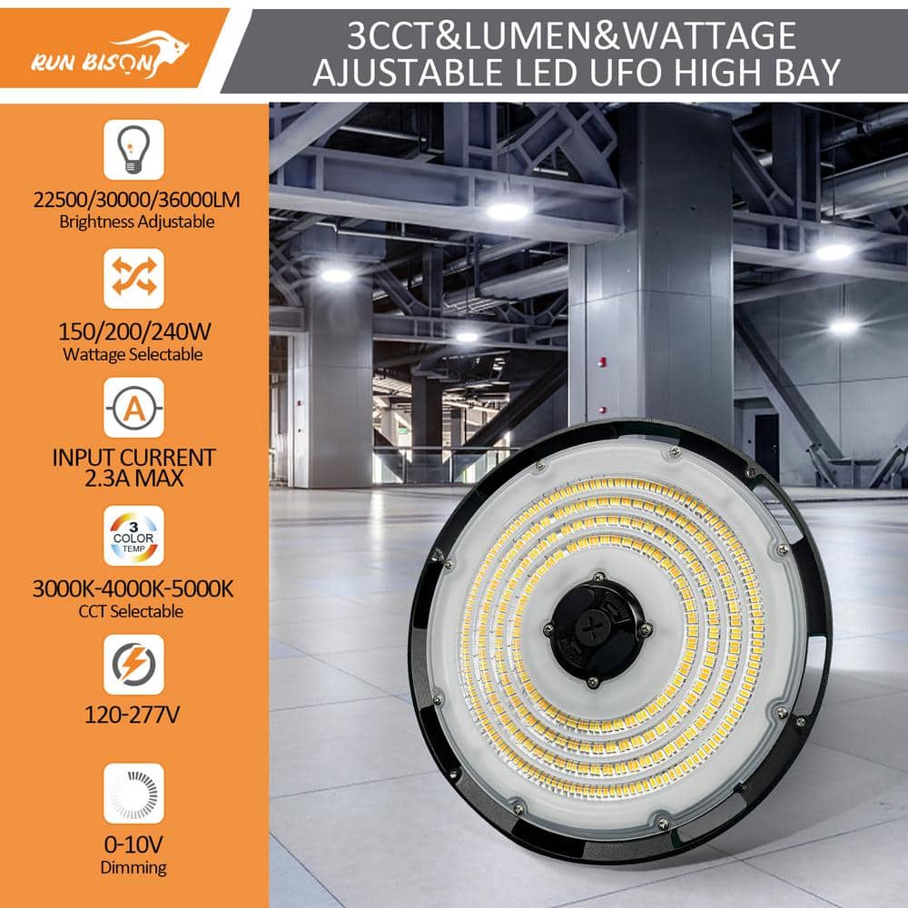 RUN BISON 12.6 in. 150/200/240-Watt Selectable Dimmable Integrated LED UFO High Bay Light with Preinstalled Hook, 3000/4000/5000K