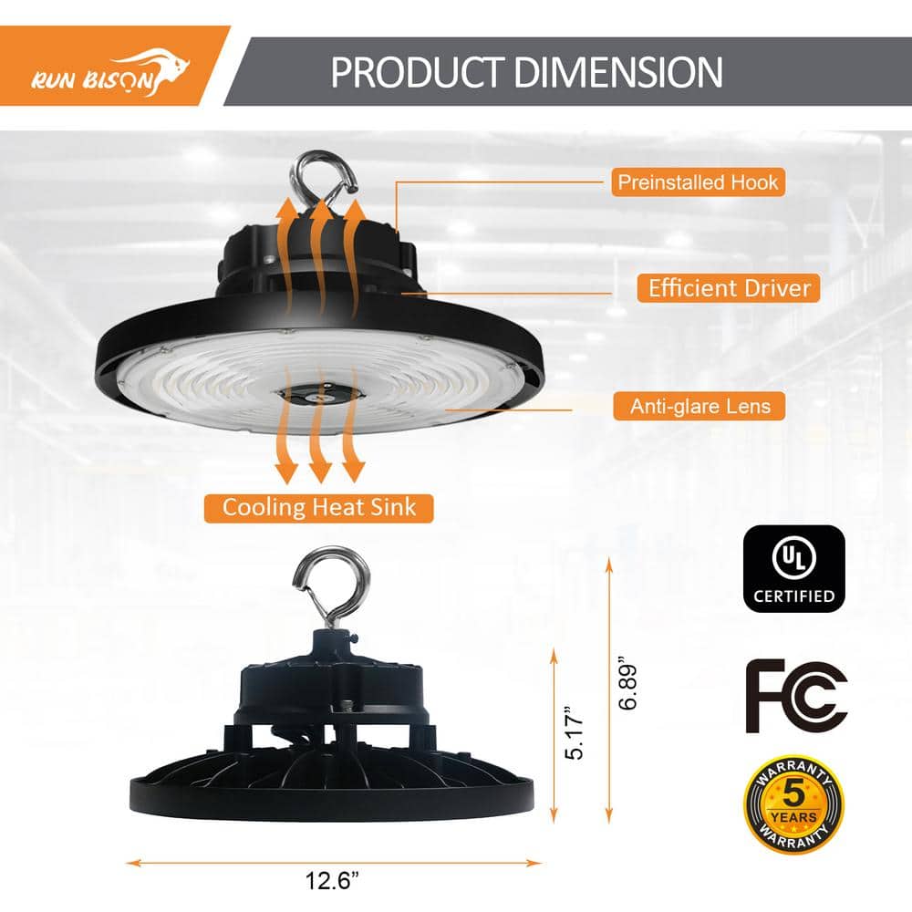 RUN BISON 12.6 in. Integrated UFO LED High Bay Light Fixture Garage Light, 3000/4000/5000K, 0-Volt to 10-Volt (8-Pack)