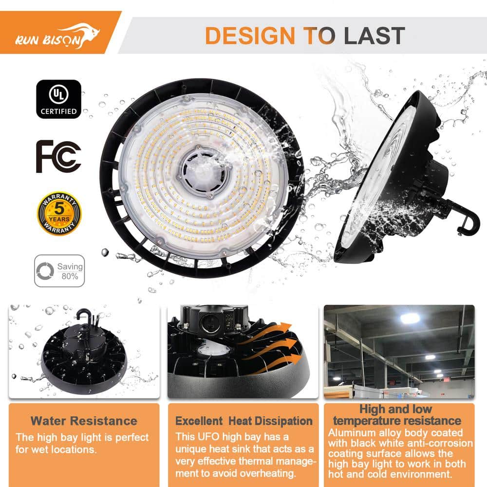 RUN BISON 10.4 in. Integrated UFO LED High Bay Light Fixture Garage Light, 4000/5000K, 21000 Lumens 0-Watt to 10-Volt (4-Pack)