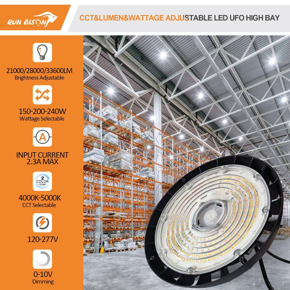 RUN BISON 12.8 in. Integrated LED UFO High Bay Light Fixture Black Garage Light, Up to 33600 Lumens 4000K/5000K, 0-10V Dimmable