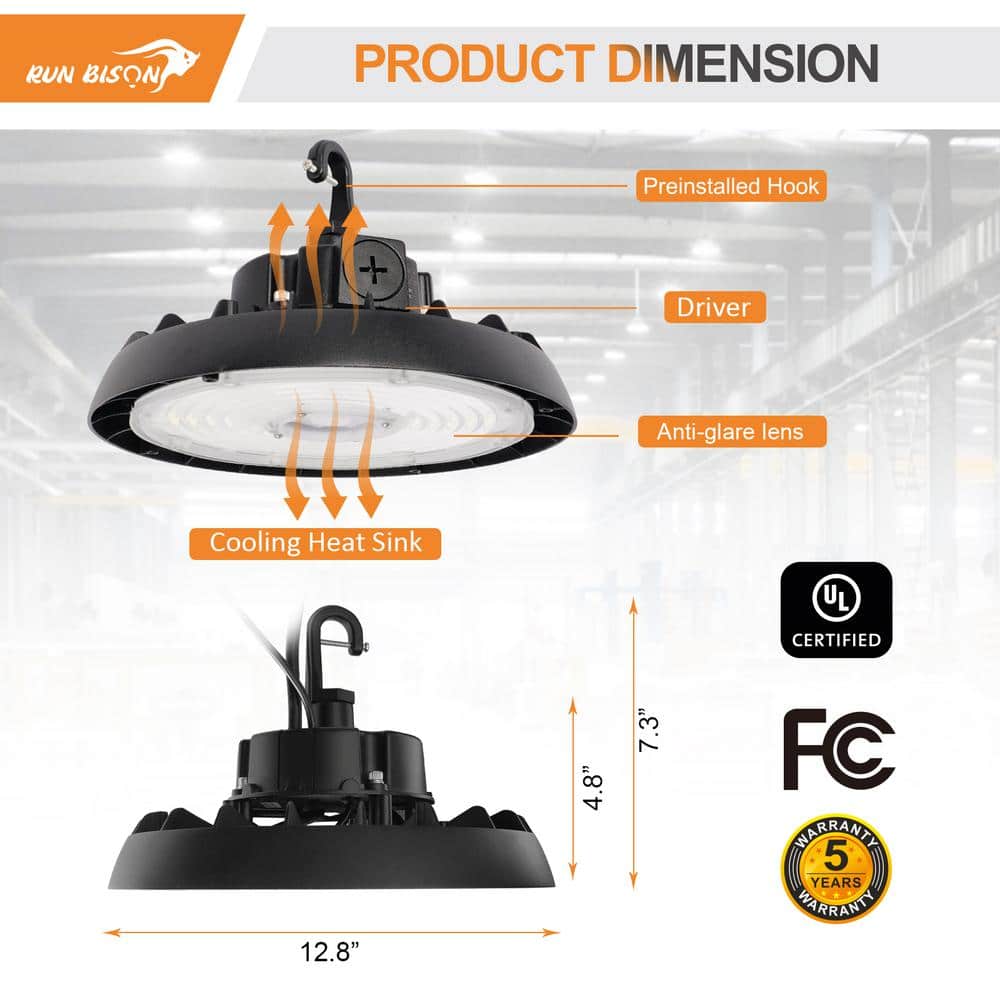 RUN BISON 12.8 in. Integrated LED UFO High Bay Light Fixture Black Garage Light, Up to 33600 Lumens 4000K/5000K, 0-10V Dimmable