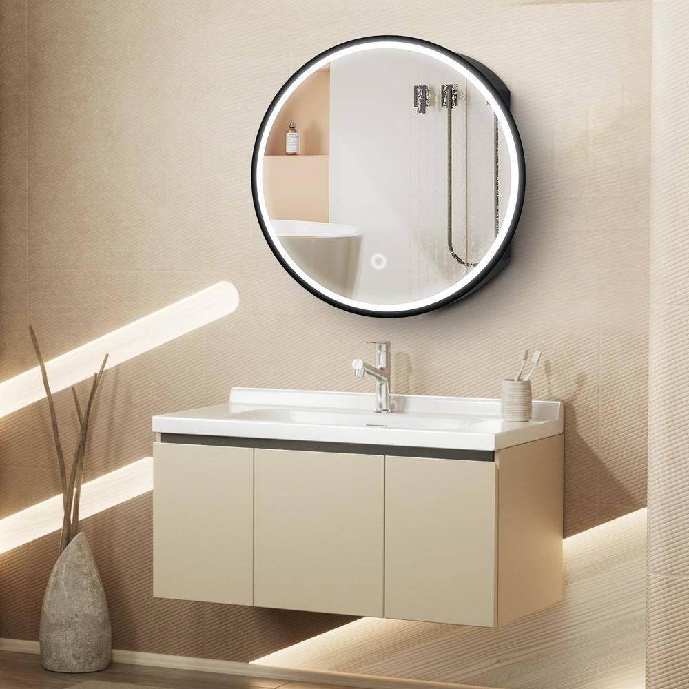 Runesay 24 in. W x 24 in. H LED Anti Fog Round Black Aluminum and Iron Recessed/Surface Mount Medicine Cabinet with Mirror