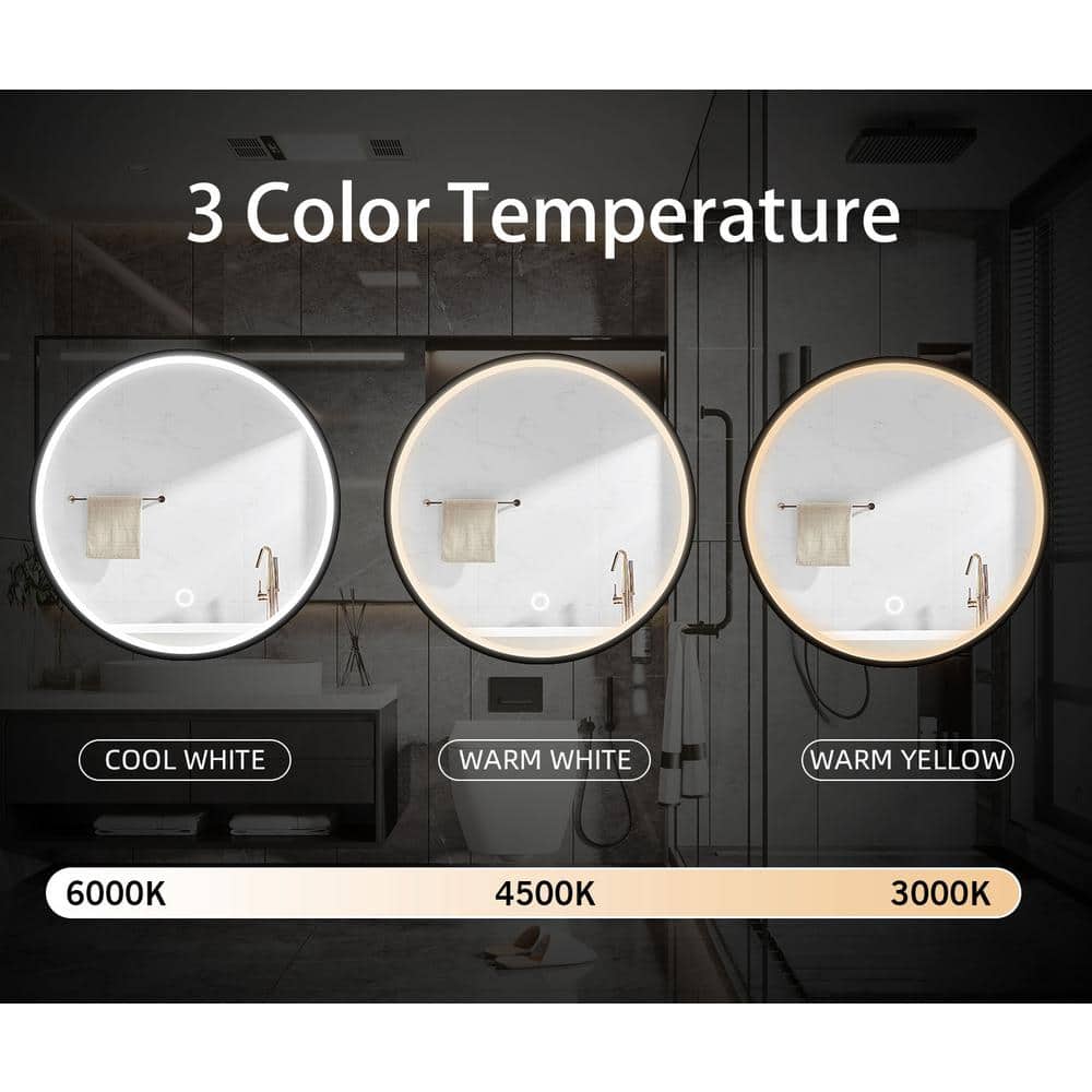 Runesay 24 in. W x 24 in. H LED Anti Fog Round Black Aluminum and Iron Recessed/Surface Mount Medicine Cabinet with Mirror