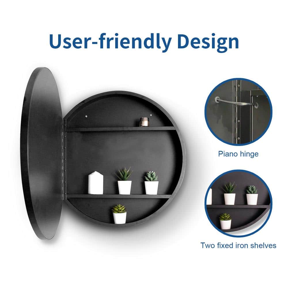 Runesay 24 in. W x 24 in. H LED Anti Fog Round Black Aluminum and Iron Recessed/Surface Mount Medicine Cabinet with Mirror