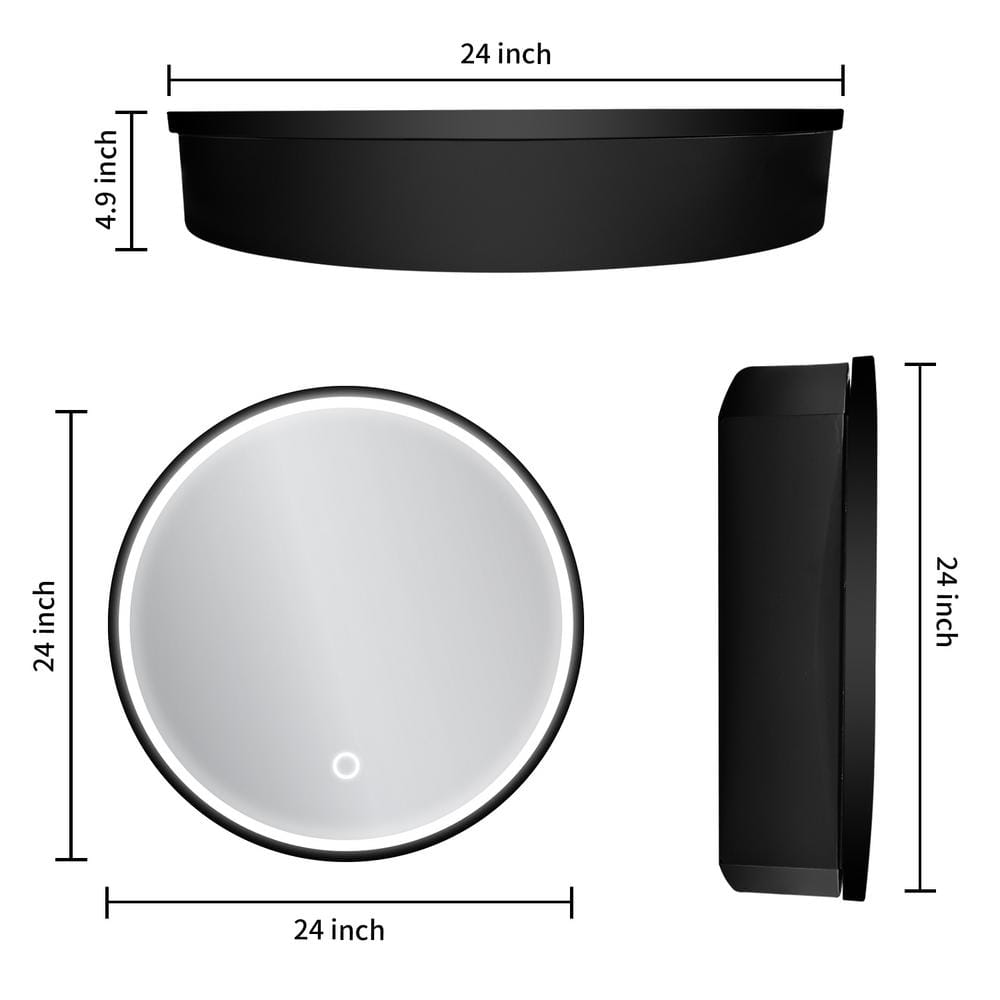 Runesay 24 in. W x 24 in. H LED Anti Fog Round Black Aluminum and Iron Recessed/Surface Mount Medicine Cabinet with Mirror
