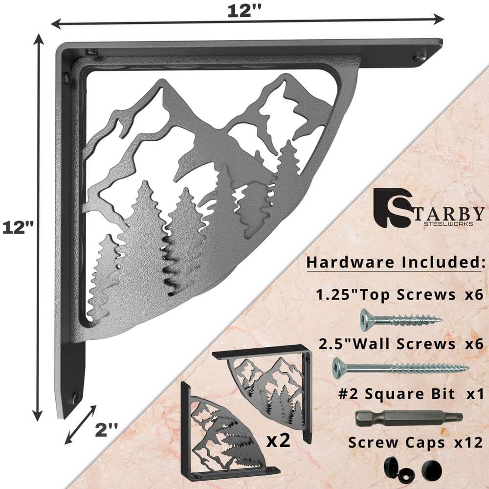 12 in. L Black Iron Heavy Duty Shelf Bracket (2-Pack)
