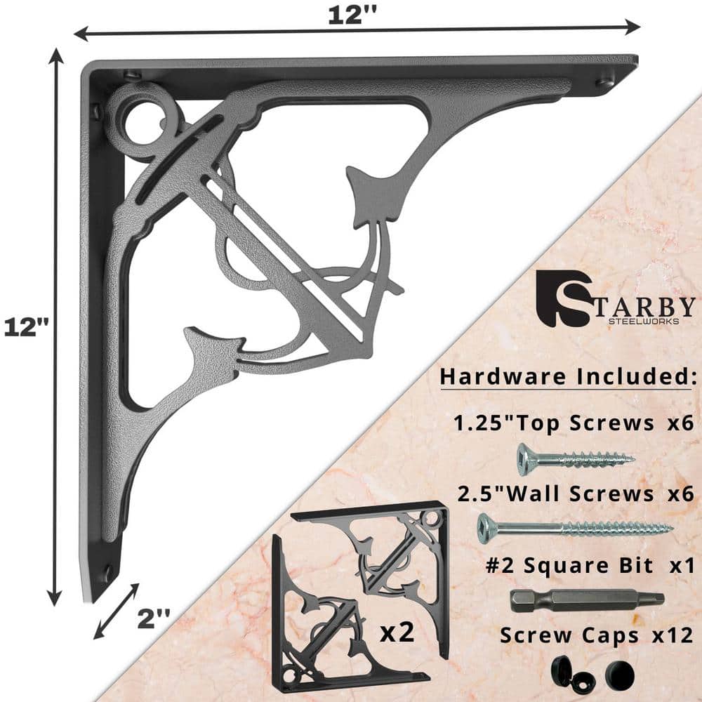 Folly 12 in. L Black Steel Heavy Duty Shelf Bracket (2-Pack)