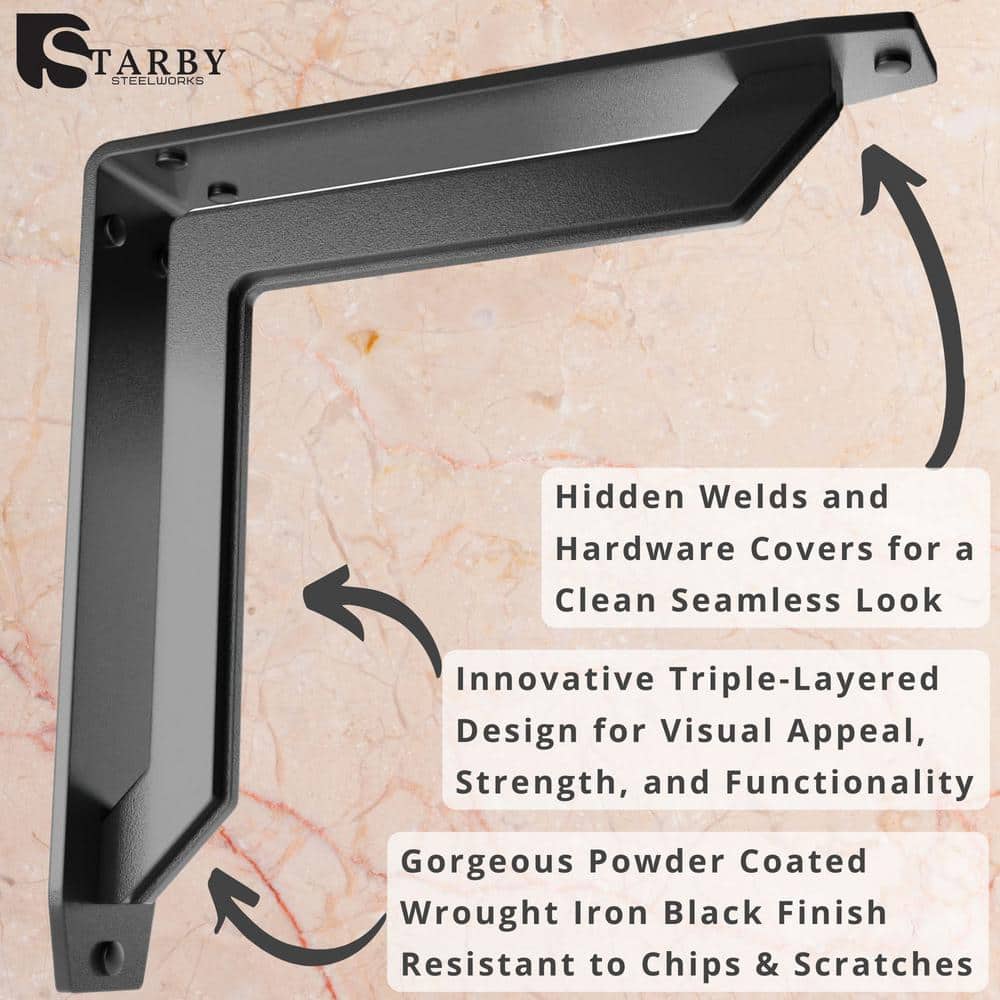 Lucca Designer 10 in. L Black Iron Decorative Heavy Duty Shelf Bracket (2-Pack)
