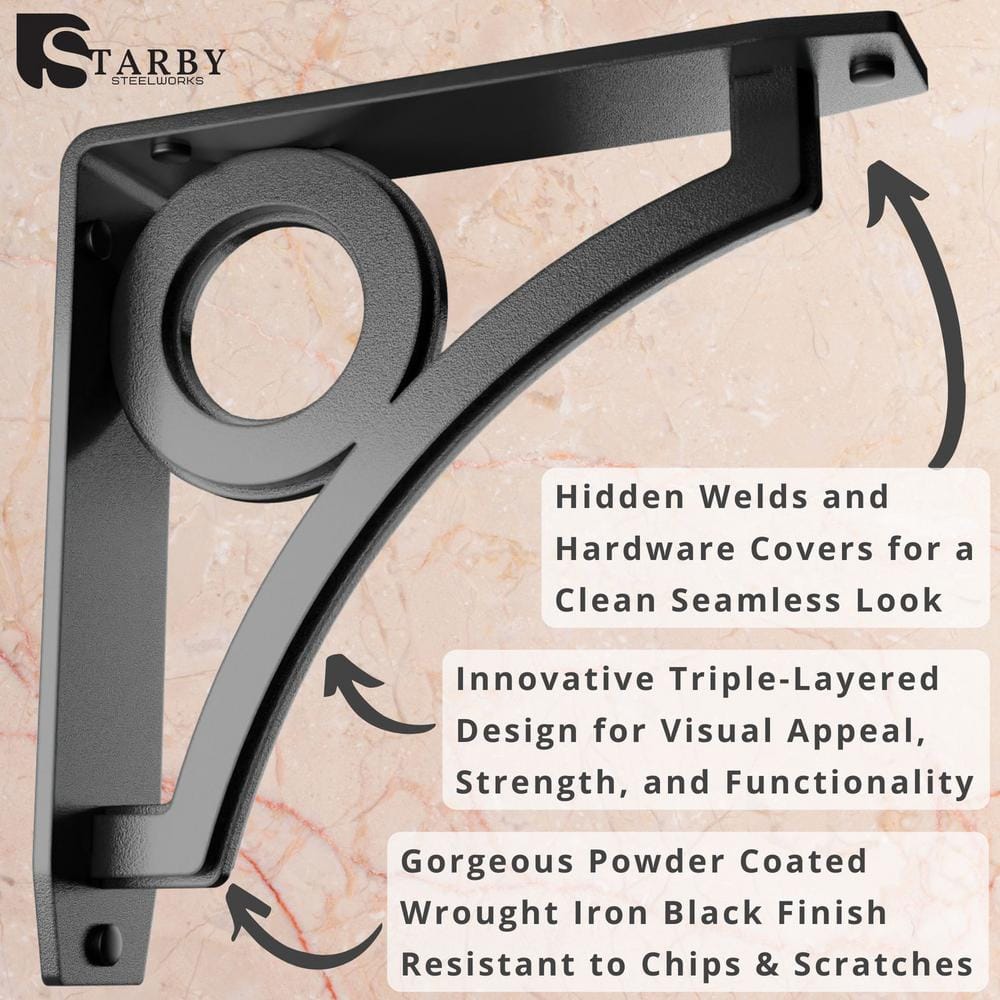 Park Circle Designer 8 in. L Black Iron Decorative Heavy Duty Shelf Bracket (2-Pack)