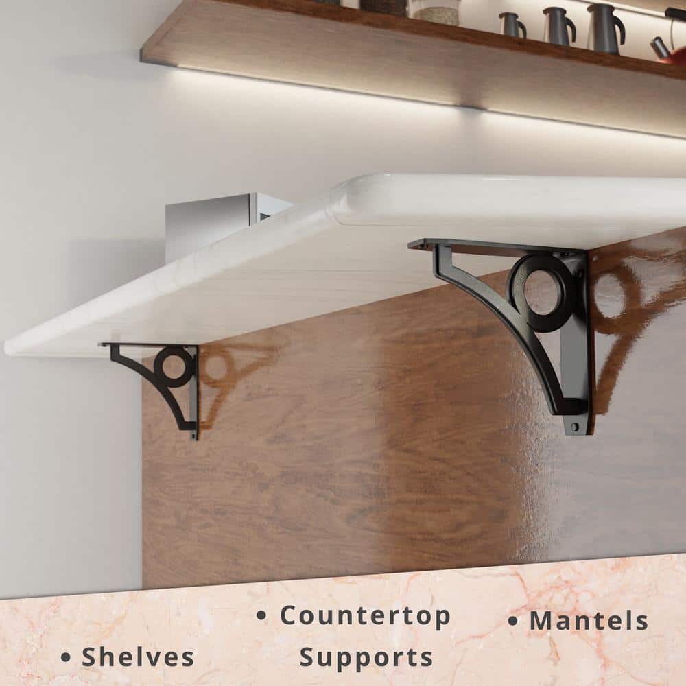 Park Circle Designer 8 in. L Black Iron Decorative Heavy Duty Shelf Bracket (2-Pack)