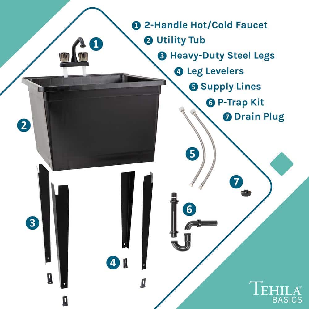TEHILA 24.75 in. Black Thermoplastic Utility Sink with Matte Finish Faucet
