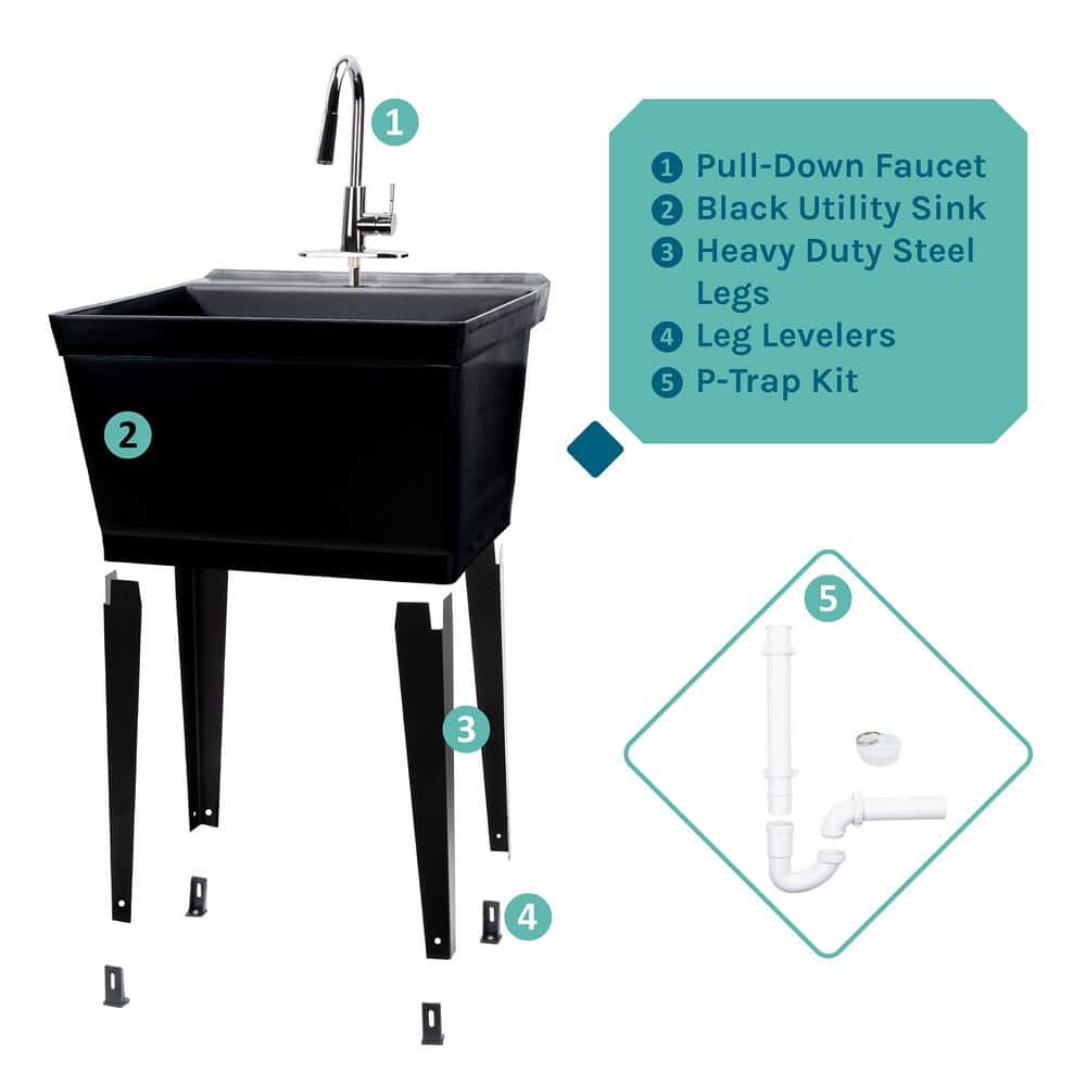 TEHILA 19 Gal. Black Utility Sink Set with Chrome High-Arc Pull-Down Faucet