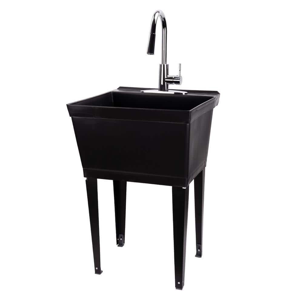 TEHILA 19 Gal. Black Utility Sink Set with Chrome High-Arc Pull-Down Faucet