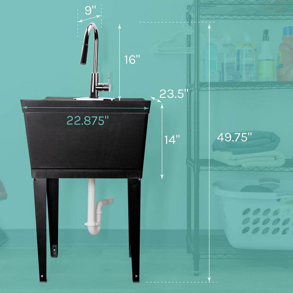 TEHILA 19 Gal. Black Utility Sink Set with Chrome High-Arc Pull-Down Faucet