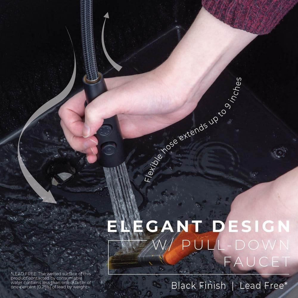TEHILA Black Thermoplastic Floor-Mount Utility Sink with High-Arc Matte Black Coil Pull-Down Faucet