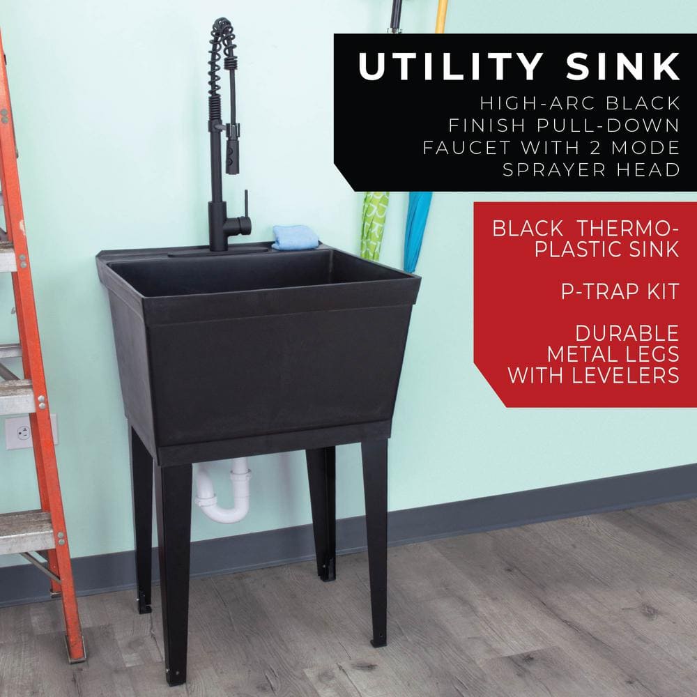 TEHILA Black Thermoplastic Floor-Mount Utility Sink with High-Arc Matte Black Coil Pull-Down Faucet