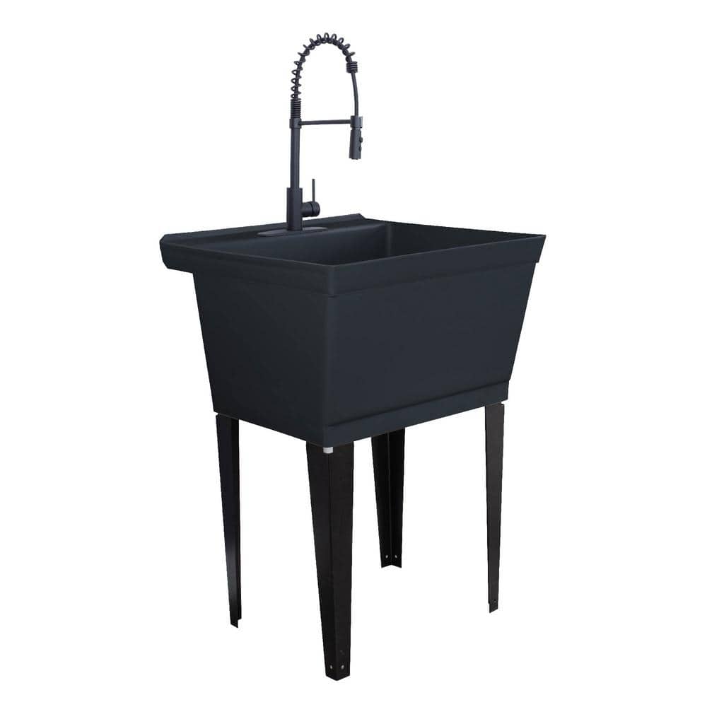 TEHILA Black Thermoplastic Floor-Mount Utility Sink with High-Arc Matte Black Coil Pull-Down Faucet