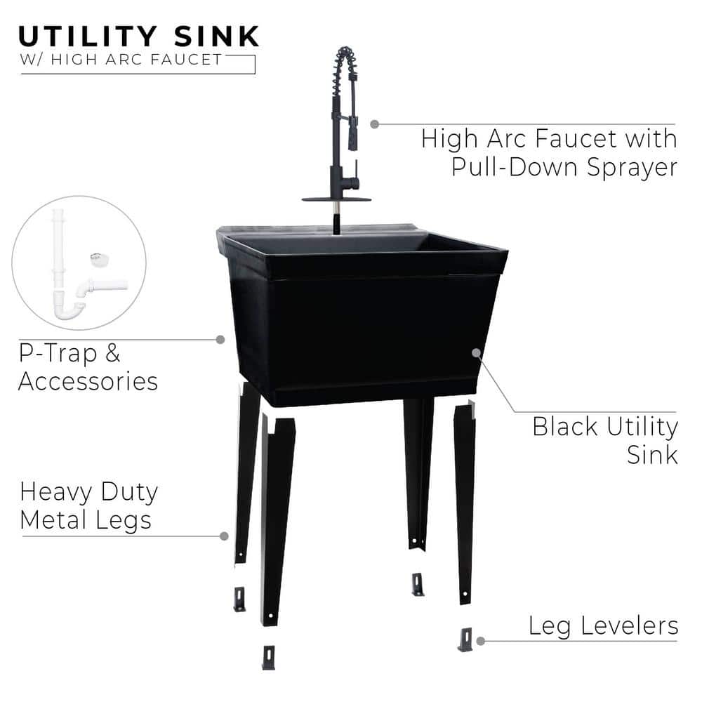 TEHILA Black Thermoplastic Floor-Mount Utility Sink with High-Arc Matte Black Coil Pull-Down Faucet
