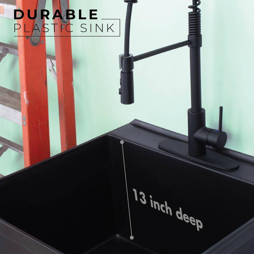 TEHILA Black Thermoplastic Floor-Mount Utility Sink with High-Arc Matte Black Coil Pull-Down Faucet