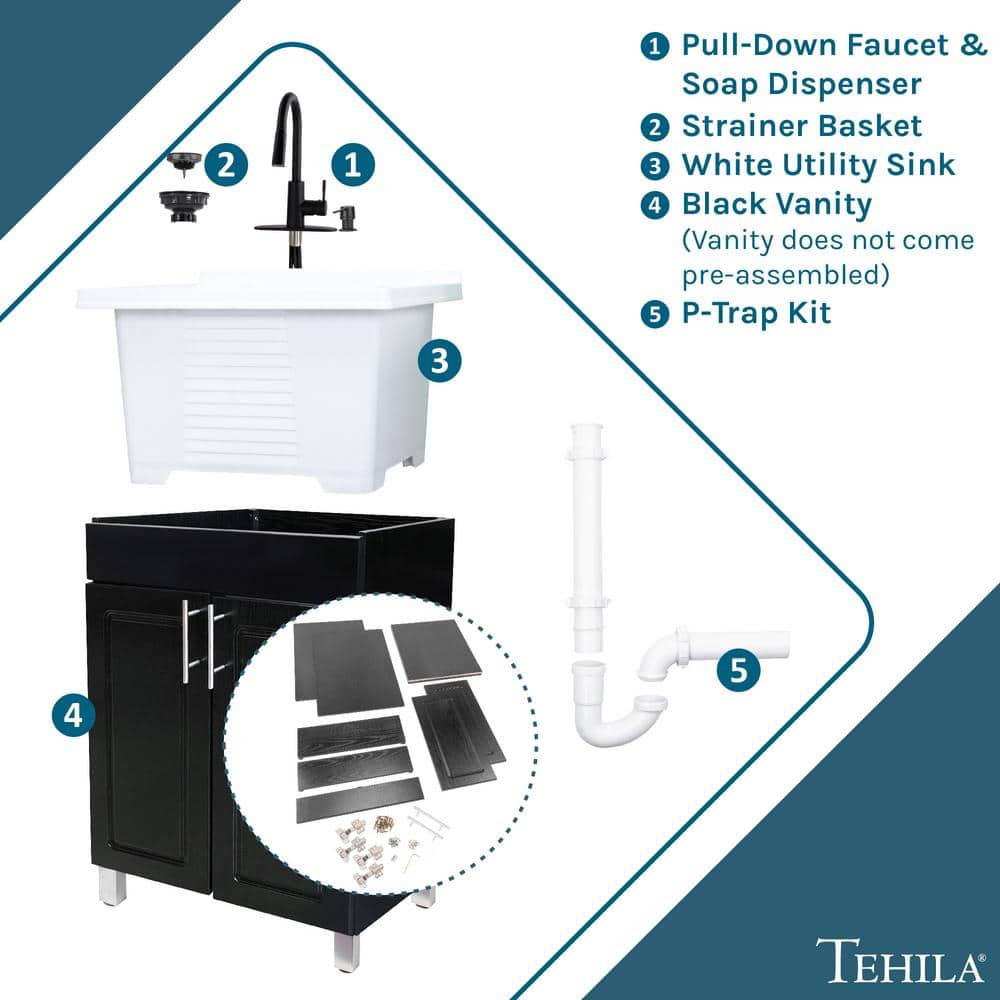 TEHILA 18 Gallon Freestanding Laundry Sink with Black Faucet & Cabinet