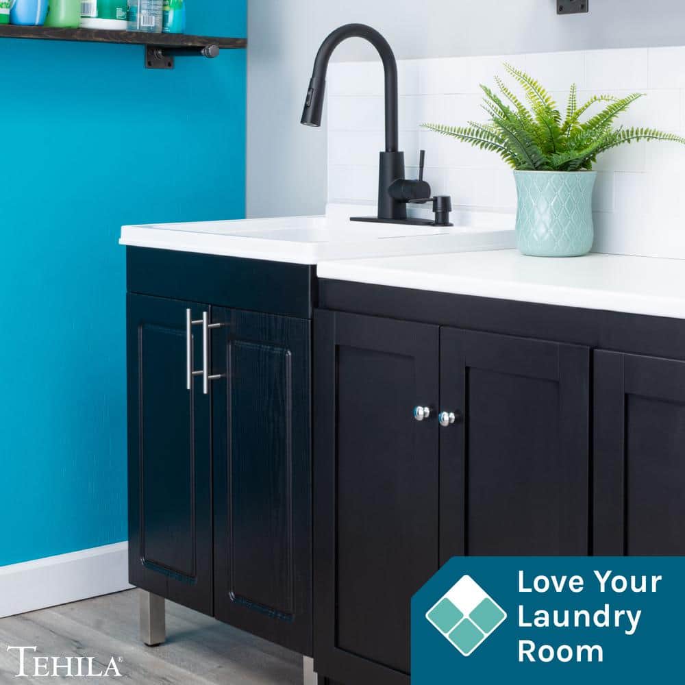 TEHILA 18 Gallon Freestanding Laundry Sink with Black Faucet & Cabinet