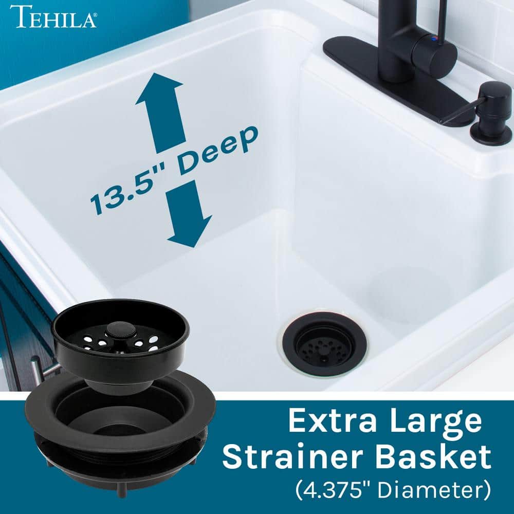TEHILA 18 Gallons 21.75 in. x 25 in. Thermoplastic Drop-in Laundry Sink with Black Faucet, Black Cabinet, and Soap Dispenser