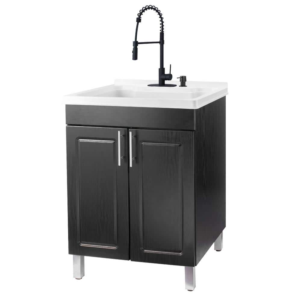 TEHILA 18 Gallons 21.75 in. x 25 in. Thermoplastic Drop-in Laundry Sink with Black Faucet, Black Cabinet, and Soap Dispenser