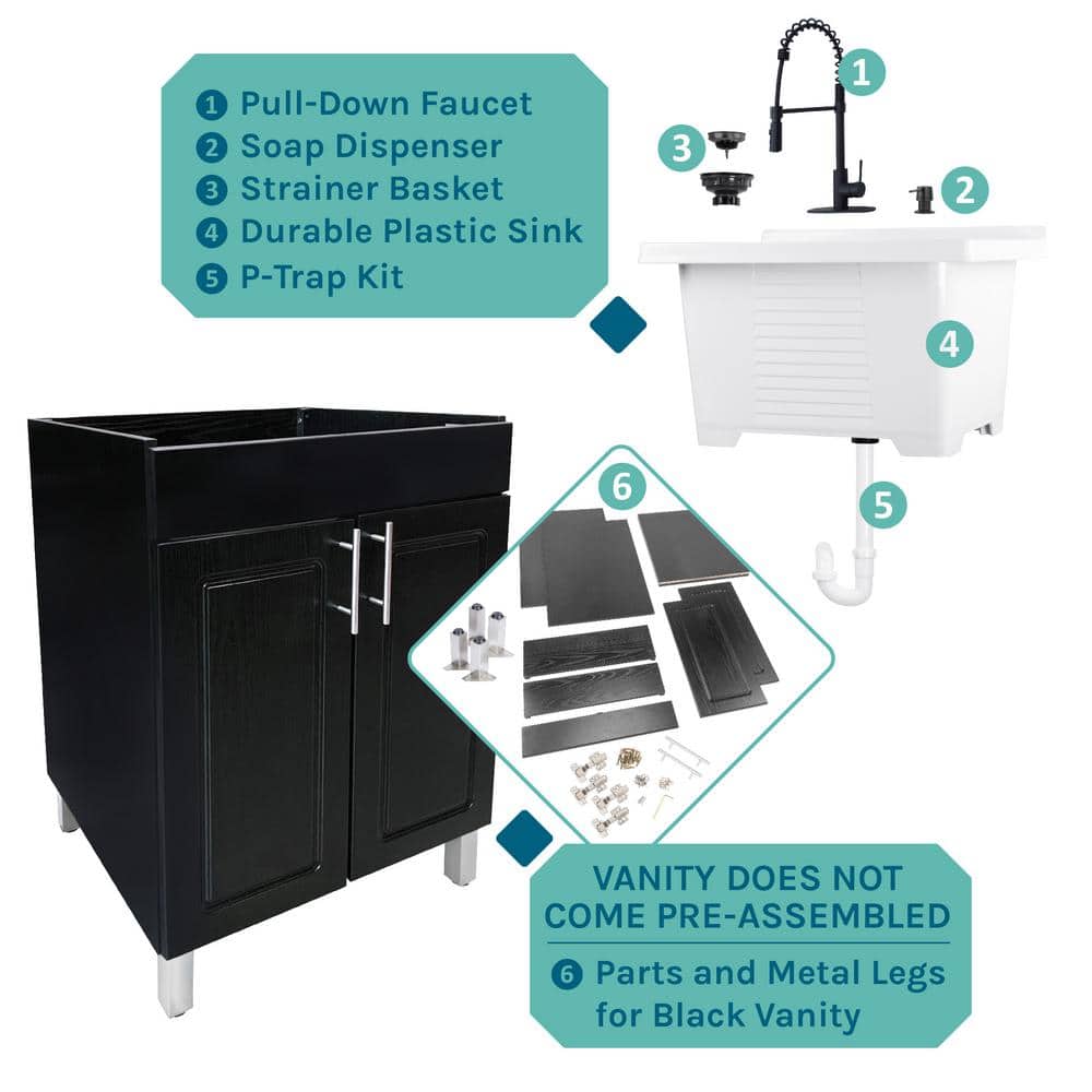 TEHILA 18 Gallons 21.75 in. x 25 in. Thermoplastic Drop-in Laundry Sink with Black Faucet, Black Cabinet, and Soap Dispenser