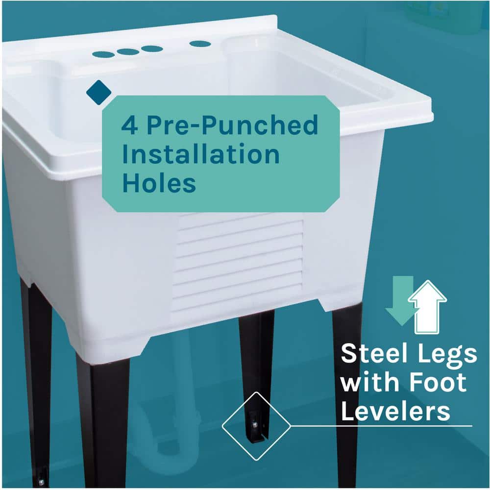 TEHILA 25 in. x 21.5 in. ABS Plastic Freestanding Utility Sink - White with Black Sprayer Faucet