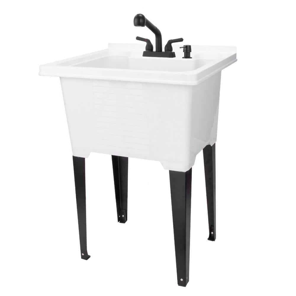 TEHILA 25 in. x 21.5 in. ABS Plastic Freestanding Utility Sink - White with Black Sprayer Faucet