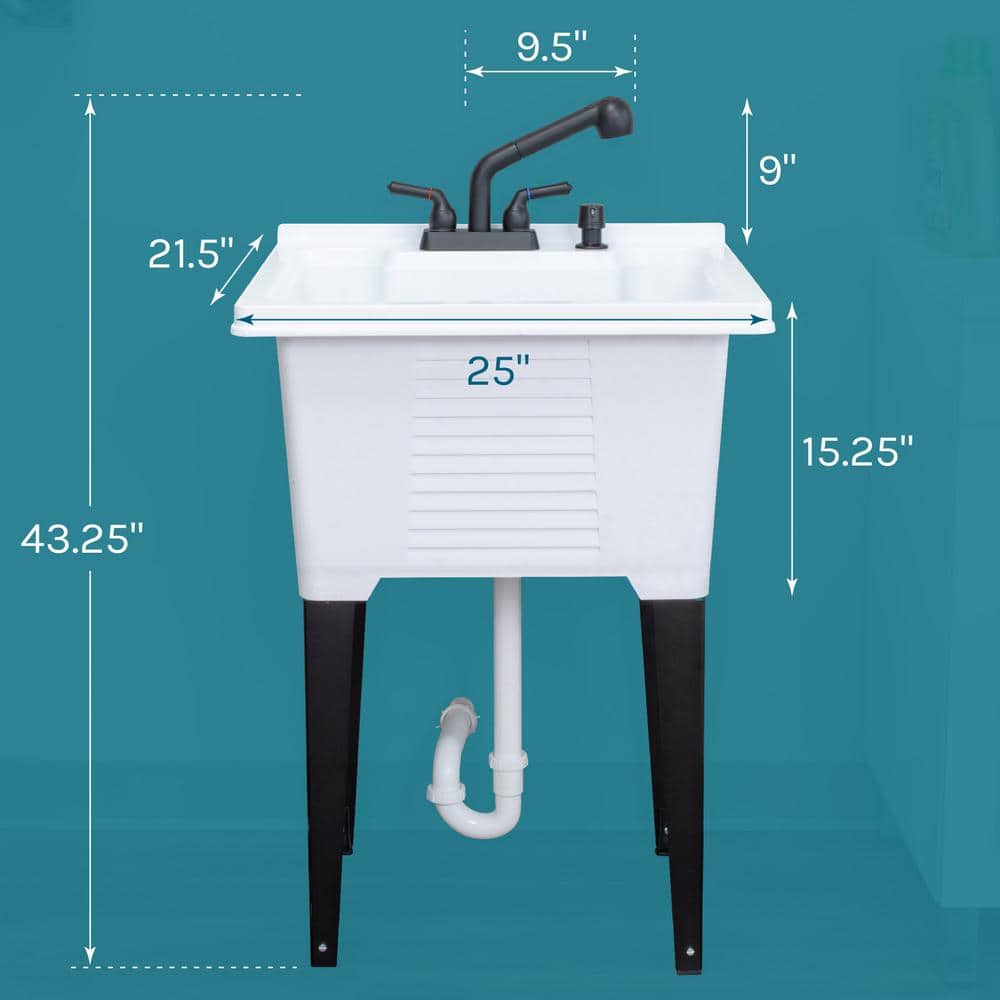 TEHILA 25 in. x 21.5 in. ABS Plastic Freestanding Utility Sink - White with Black Sprayer Faucet