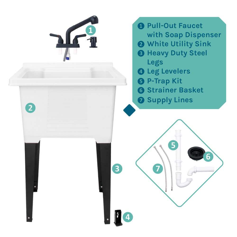 TEHILA 25 in. x 21.5 in. ABS Plastic Freestanding Utility Sink - White with Black Sprayer Faucet