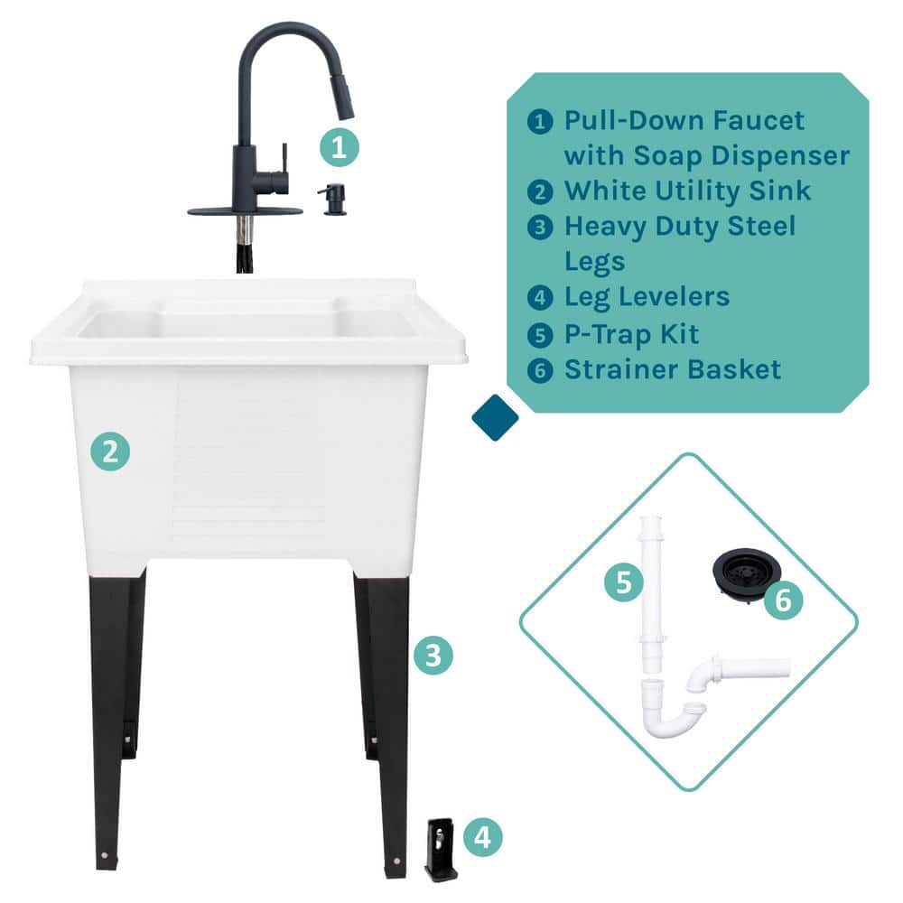 TEHILA 25 in. ABS Plastic Freestanding Utility Sink with Black Hi-Arc Faucet