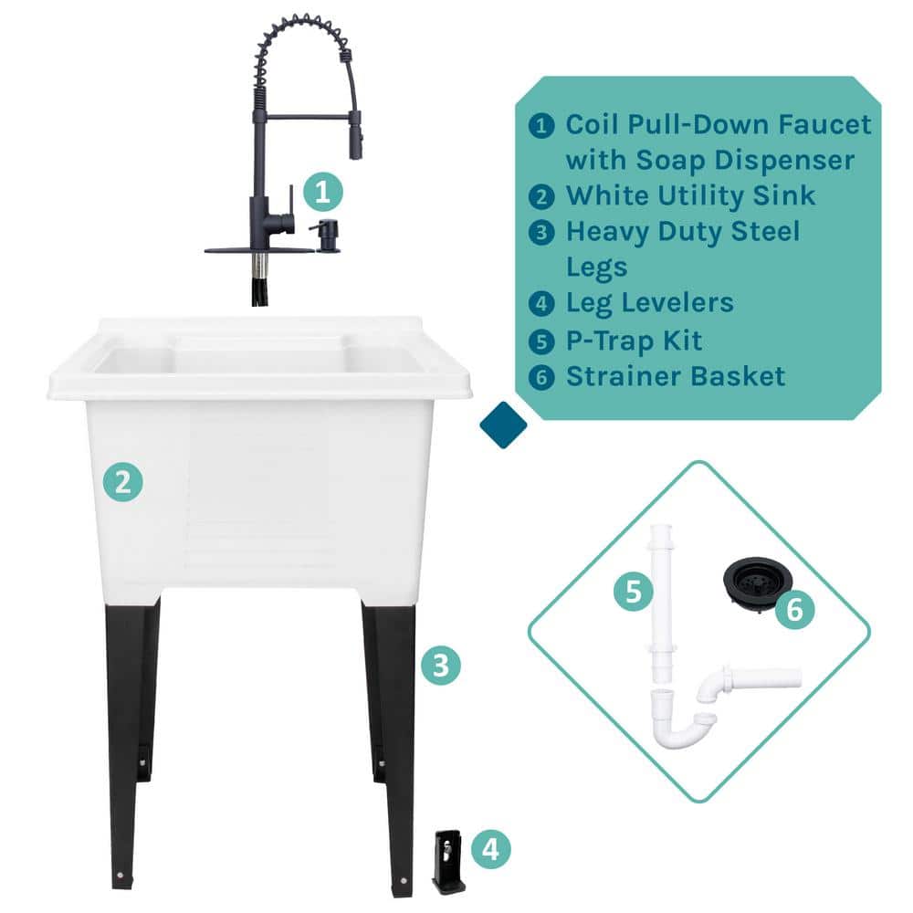 TEHILA 25 in. x 21.5 in. ABS Plastic Freestanding Utility Sink with Black Hi-Arc Coil Faucet