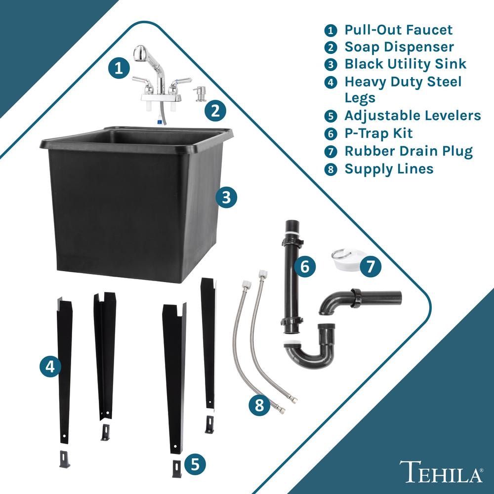 TEHILA 17.75 in. x 23.25 in. Thermoplastic Freestanding Utility Sink - Black with Chrome Faucet & Soap Dispenser