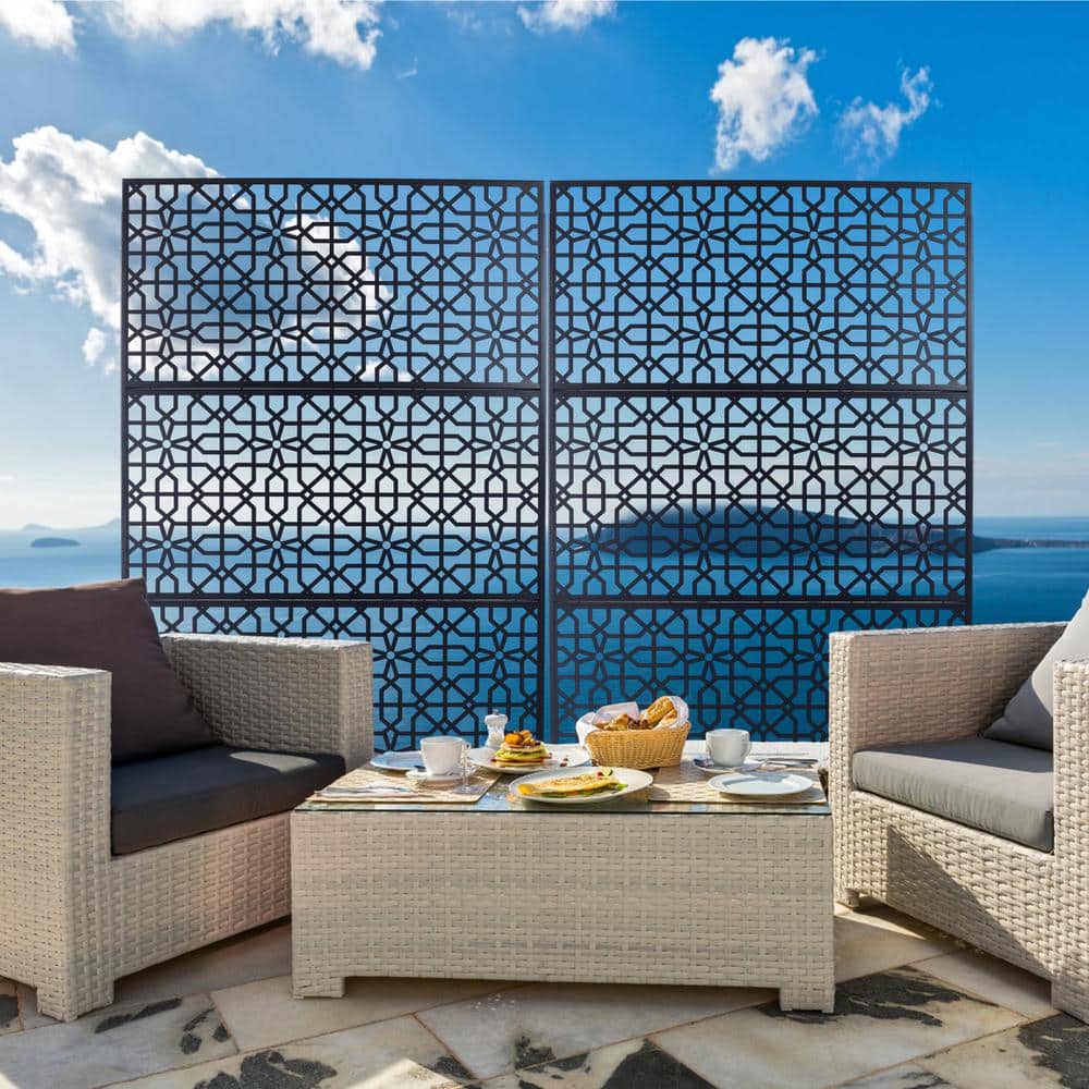 Tidoin 6.3 ft. x 4 ft. Black Steel Freestanding Flat Flat Top Decorative Privacy Screen Metal Fence Panel