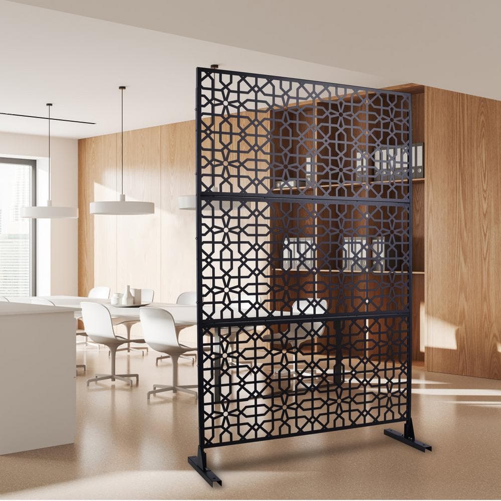Tidoin 6.3 ft. x 4 ft. Black Steel Freestanding Flat Flat Top Decorative Privacy Screen Metal Fence Panel