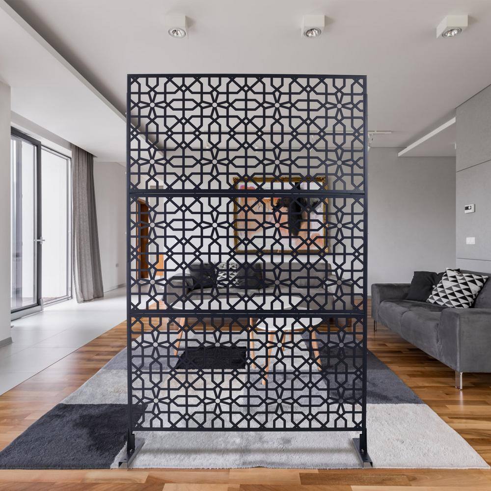 Tidoin 6.3 ft. x 4 ft. Black Steel Freestanding Flat Flat Top Decorative Privacy Screen Metal Fence Panel