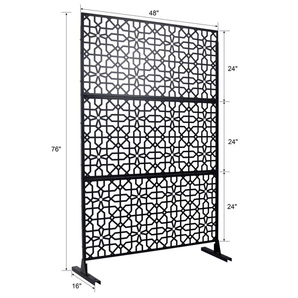 Tidoin 6.3 ft. x 4 ft. Black Steel Freestanding Flat Flat Top Decorative Privacy Screen Metal Fence Panel