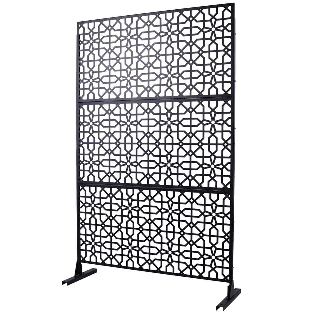Tidoin 6.3 ft. x 4 ft. Black Steel Freestanding Flat Flat Top Decorative Privacy Screen Metal Fence Panel