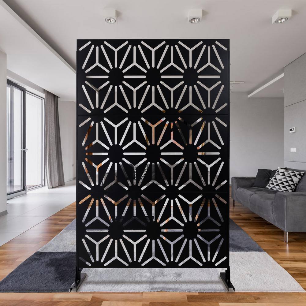 Tidoin 6.3 ft. x 4 ft. Black Steel Freestanding Flat Flat Top Decorative Privacy Screen Metal Fence Panel