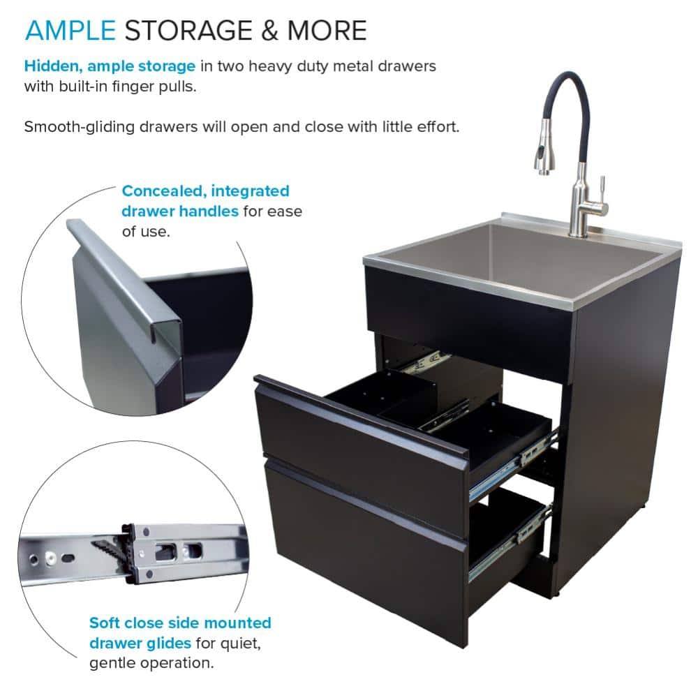 Transolid All-in-One 22 in. x 22 in. x 35 in. Metal Drop-In Laundry/Utility Sink and Cabinet in Black