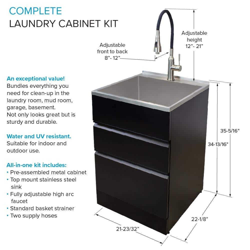 Transolid All-in-One 22 in. x 22 in. x 35 in. Metal Drop-In Laundry/Utility Sink and Cabinet in Black