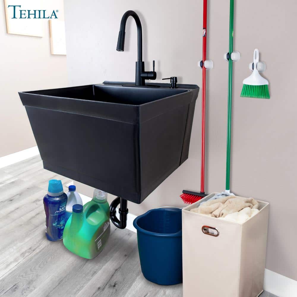 TEHILA 23.5 in. Black Thermoplastic Wall Mounted Utility Sink with Pull-down Sprayer Faucet