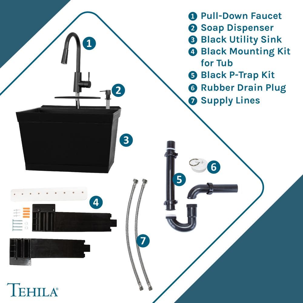 TEHILA 23.5 in. Black Thermoplastic Wall Mounted Utility Sink with Pull-down Sprayer Faucet