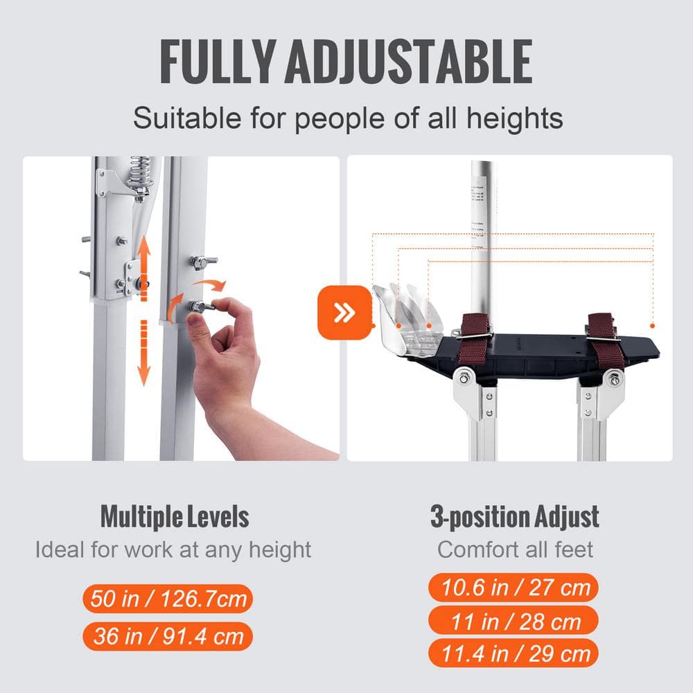 VEVOR Drywall Stilts 36 in. - 50 in. Adjustable Aluminum Tool Stilts Durable and Non-slip Work Stilts
